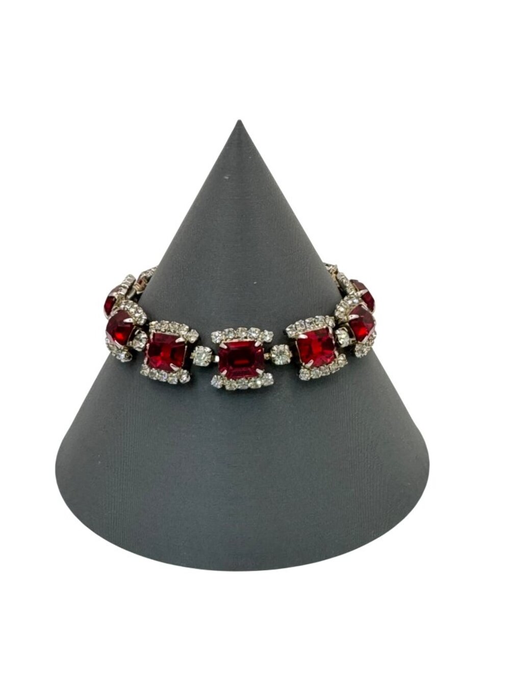 Regency Red Rhinestone Tennis Bracelet Silver-Tone Setting Mid-Century Vintage
